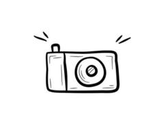 Hand drawn black and white photo camera. Device for photographing, decorative element. Flat vector illustration in doodle style.