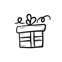 Hand drawn gift box with a bow.  Holiday present, design element for party, celebration. Flat vector illustration in doodle style.