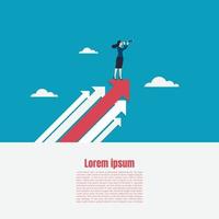 Business woman holding telescope standing on red arrow up go to success in career vector