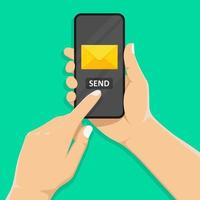 hand holds a mobile phone on the screen envelope and send button. touch finger. concept of sending and receiving messages. vector