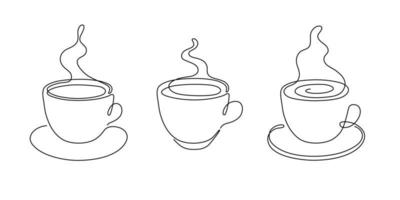 Cup of coffee or tea set, one single continuous line drawing. Simple abstract outline beautiful mug with steam beverage. Vector illustration