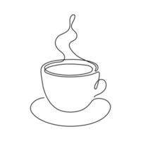 Cup of drink coffee or tea, one single continuous line drawing. Simple abstract outline beautiful mug with steam beverage. Vector illustration