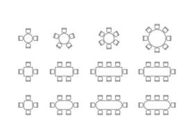 conjunto de planos para la disposición de asientos y mesas en el interior, diseño de elementos de esquema gráfico. iconos de sillas y mesas en el plan arquitectónico del esquema. muebles de oficina y hogar, vista superior. línea vectorial vector