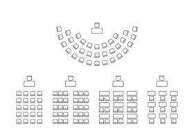 conjunto de planes para organizar asientos en semicírculo y filas en el interior, esquema de diseño. lugar espectadores, aula, mapa asientos anfiteatro. vista superior de muebles de mesas y sillas de esquema. línea vectorial vector