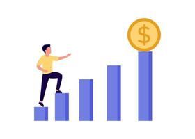 Achieve target to money, investment plan or salary, ladder of success in financial freedom. Climbing up to reach income or salary growth. Businessman step climbing high to money coin. Vector