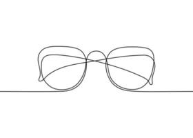 Glasses one black single continuous line art drawing style, sunglasses outline. Front view of eyeglasses minimalist linear sketch. Protection eye from sun. Vector illustration on white background