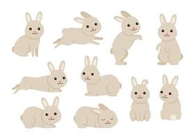 lindo bebé conejo o mascota liebre para el diseño de pascua en diferentes poses. conejito animal en estilo de dibujos animados. pararse, sentarse, acostarse, saltar y jugar. ilustración vectorial vector