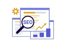 Search engine optimization, SEO optimization, analytics and advertising concept. Search screen with magnifier. Sign SEO top ranking for web. Vector illustration