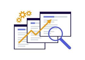 Search engine optimization, SEO optimization, analytics and advertising concept. Search screen with magnifier. Sign SEO top ranking for web. Vector illustration