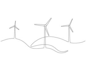 Wind mill, wind generator energy, single continuous line art drawing. Windmill tower save ecology green energy electricity. Hilly landscape with generate wind turbines. Vector one outline illustration