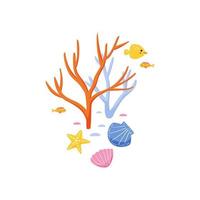 Coral reef illustration with colorful seaweeds, shells and fishes isolated on white background. Cute vector print hand drawn in cartoon style