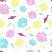 Cute summer vector seamless pattern with seashells and fishes