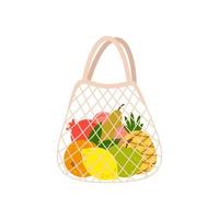 Eco shopping net bag with healthy organic fruits. Zero waste concept. Cartoon vector illustration - products from supermarket