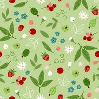 Cute summer print with forest berries, flowers and leaves. Garden seamless floral pattern - raspberry, cherry, gooseberry, red currant, daisy and forget-me-not on green background vector