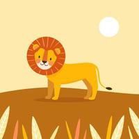 Cute cartoon lion with big fur orange mane and long tail stands on savannah hill. Vector kawaii illustration of african wild cat for kids cards, prints, posters