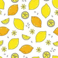 patrón vectorial sin costuras con limones texturizados y semillas y sobre fondo blanco. fondo de frutas cítricas de verano vector