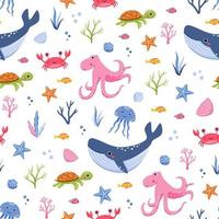 Cute childish seamless pattern with sea animals and seaweeds on white background. Kawaii whale, turtle, octopus, jellyfish, crab, fishes, shells drawn in cartoon style on summer marine print. Vector