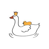 Mother goose in crown swimming with cute little baby gosling on her back. Vector line illustration in cartoon style