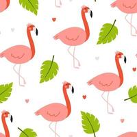 Seamless tropical pattern with cute baby flamingo and leaves. Vector illustration with hand drawn elements in doodle style for kids textile, wrapping paper