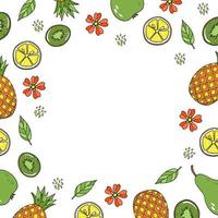 Cute vector frame with seasonal summer exotic fruits and place for text. Hand drawn in doodle style pineapple, kiwi, lemon, leaves and flowers on isolated white background