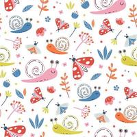 Cute baby pattern with snails, moths and butterflies. Seamless vector print with hand drawn kawaii animals and flowers for kids textile, apparel or wrapping paper