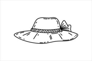 Summer beach straw hat. An elegant women's accessory. Vintage vector illustration hand drawn in sketch style. Black contour drawing isolated on a white background