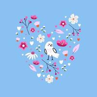 Cute little bird and pretty blooming flowers in abstract heart shape on a blue background. Lovely vector illustration hand drawn in doodle style for cards, invitations or printing on any surface