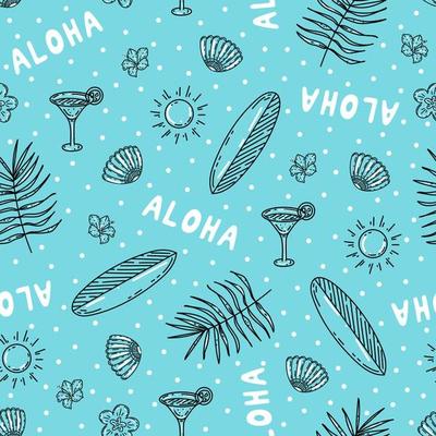Summer seamless pattern with surfboards, tropical leaves and flowers, cocktails, sun and aloha lettering. Beach accessories on blue background hand drawn in vintage sketch style for textile, apparel