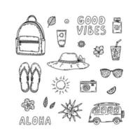 Summer outline beach elements hand drawn in sketch style vector