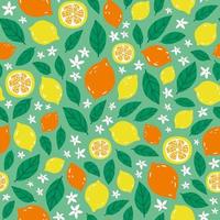 Colorful seamless pattern with tropical lemons fruits, leaves and flowers drawn in doodle style. Summer backdrop for textile, wrapping paper, print on any surface vector