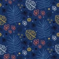 Trendy seamless pattern with abstract tropical palm and monstera leaves, flowers hand drawn in sketch style. Vector design for fabric textile, wrapping paper  or printing on any surface