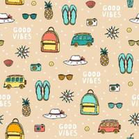 Cute summer pattern with beach elements - straw hat, flip flops, backpack, sunglasses vector