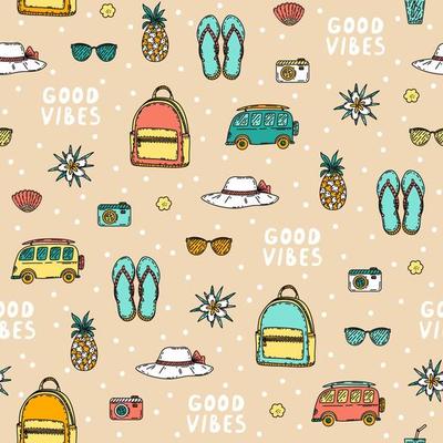 Cute summer pattern with beach elements - straw hat, flip flops, backpack, sunglasses
