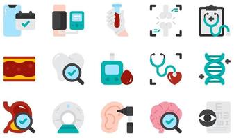 conjunto de iconos vectoriales relacionados con el chequeo de salud. contiene íconos como cita, presión arterial, análisis de sangre, chequeo, chequeo cardíaco, examen de la vista y más. vector