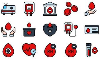 conjunto de iconos vectoriales relacionados con la donación de sangre. contiene íconos como bolsa de sangre, banco de sangre, donación de sangre, tarjeta de donante de sangre, gota de sangre, presión arterial y más. vector