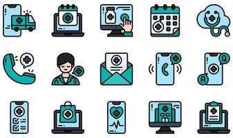 Set of Vector Icons Related to Telemedicine. Contains such Icons as Ambulance, Appointment, Buy Online, Consultation, Faq, Healthcare and more.