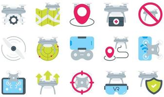 conjunto de iconos vectoriales relacionados con drones. contiene íconos como mantenimiento, mapa, médico, hélice, radar, realidad virtual y más.