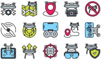 Set of Vector Icons Related to Drones. Contains such Icons as Maintenance, Map, Medical, Propeller, Radar, Virtual Reality and more.