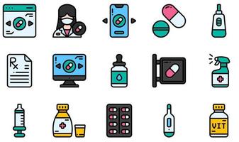 conjunto de iconos vectoriales relacionados con la farmacia. contiene íconos como farmacia en línea, píldoras, embarazo, farmacia en línea, suero, aerosol y más. vector