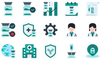 conjunto de iconos vectoriales relacionados con la vacuna. contiene íconos como ampolla, aprobación, certificado, desarrollo, médico, hospital y más. vector