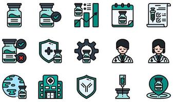 conjunto de iconos vectoriales relacionados con la vacuna. contiene íconos como ampolla, aprobación, certificado, desarrollo, médico, hospital y más. vector