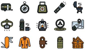 Set of Vector Icons Related to Camping. Contains such Icons as Caravan, Compass, Flashlight, Headlamp, Hot Drink, Lantern and more.