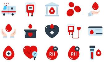 Set of Vector Icons Related to Blood Donation. Contains such Icons as Blood Bag, Blood Bank, Blood Donation, Blood Donor Card, Blood Drop, Blood Pressure and more.