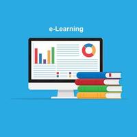 Monitor screen with a pie chart and a bar graph with a pile of books, concept of online educational support. E-learning. vector