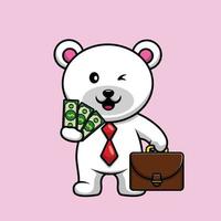Cute Polar Bear Business Holding Money And Suitcase Cartoon Vector Icon Illustration. Animal Business Icon Concept Isolated Premium Vector.