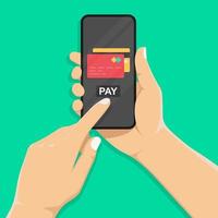 Wireless payment icon. Payment page and credit card on smartphone screen. Phone in hand.Touch finger. vector