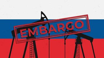 red rectangular stamp with the inscription embargo with grunge effect and oil rigs on the background of the flag of russia. vector illustration.