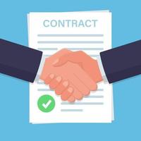Business man shaking hands firmly for a signed contract with a green check mark. vector