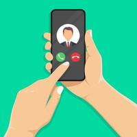 Incoming call on the smartphone screen with the image of the caller. Touch finger.Phone in a human hand. vector