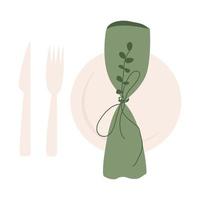 An empty plate with a fork, knife and napkin for a wedding or holiday, vector illustration